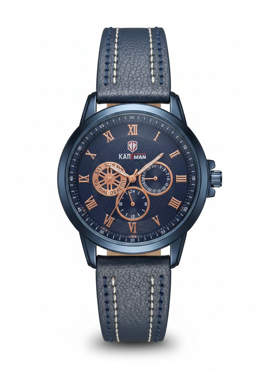ساعت مچی مردانه KADEMAN بند چرمی سه موتوره فول تایم، با طراحی جذاب و کلاسیک