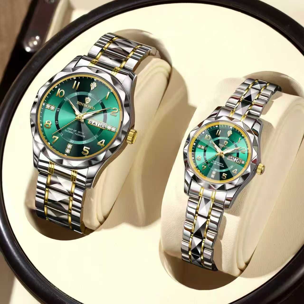 ست ساعت مچی زنانه و مردانه بند استیل بین باند BIN BOND شیشه الماسی و شب نما