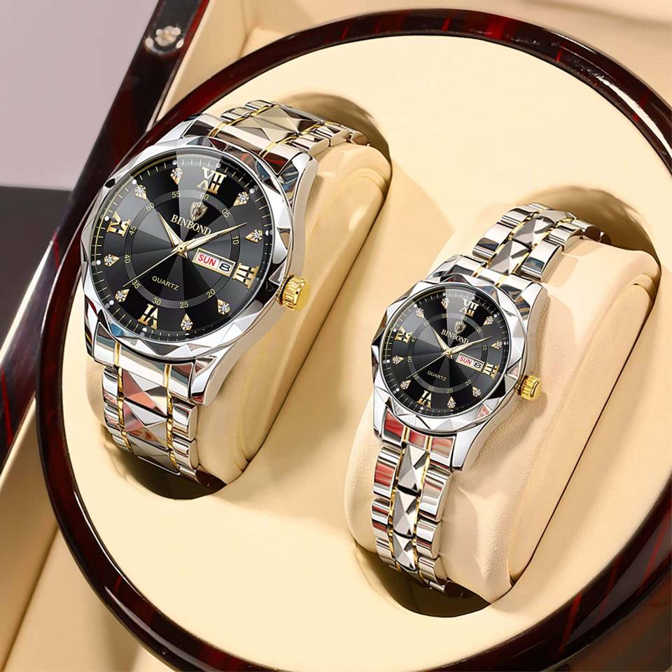 ست ساعت مچی زنانه و مردانه بند استیل بین باند BIN BOND شیشه الماسی و شب نما