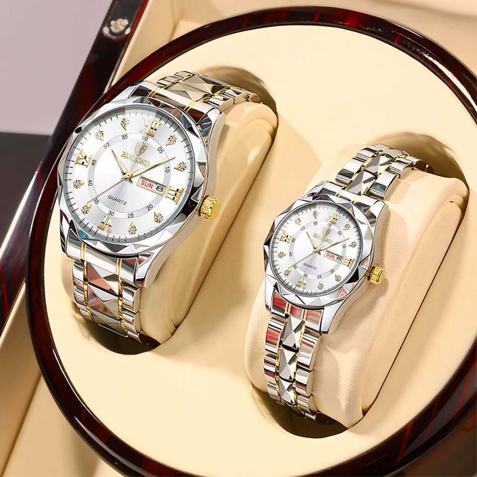 ست ساعت مچی زنانه و مردانه بند استیل بین باند BIN BOND، شیشه الماسی و عقربه شب نما
