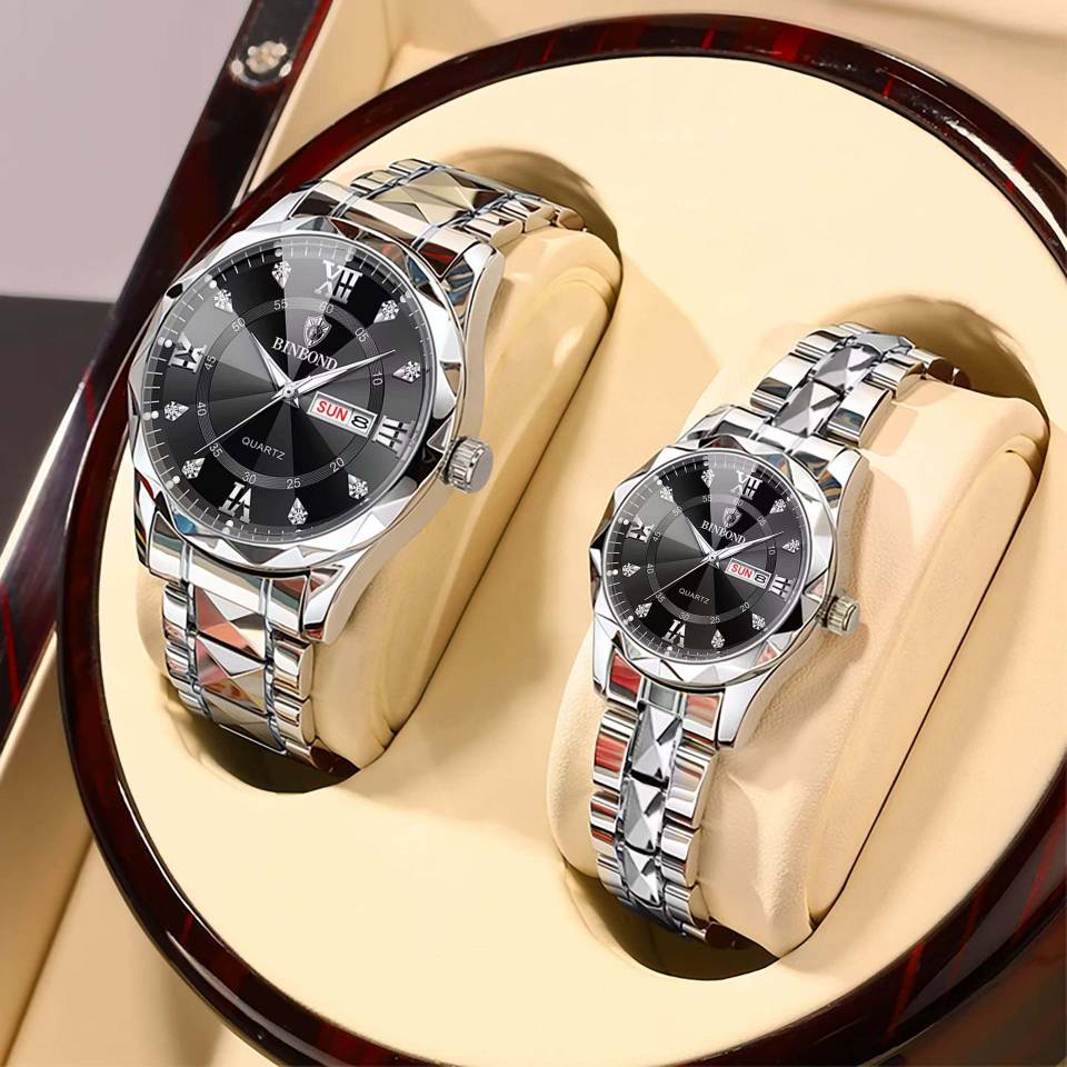 ست ساعت مچی زنانه و مردانه بند استیل بین باند BIN BOND شیشه الماسی و شب نما