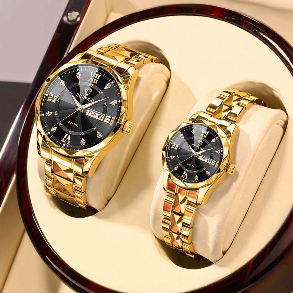 ست ساعت مچی زنانه و مردانه بند استیل بین باند BIN BOND شیشه الماسی و شب نما